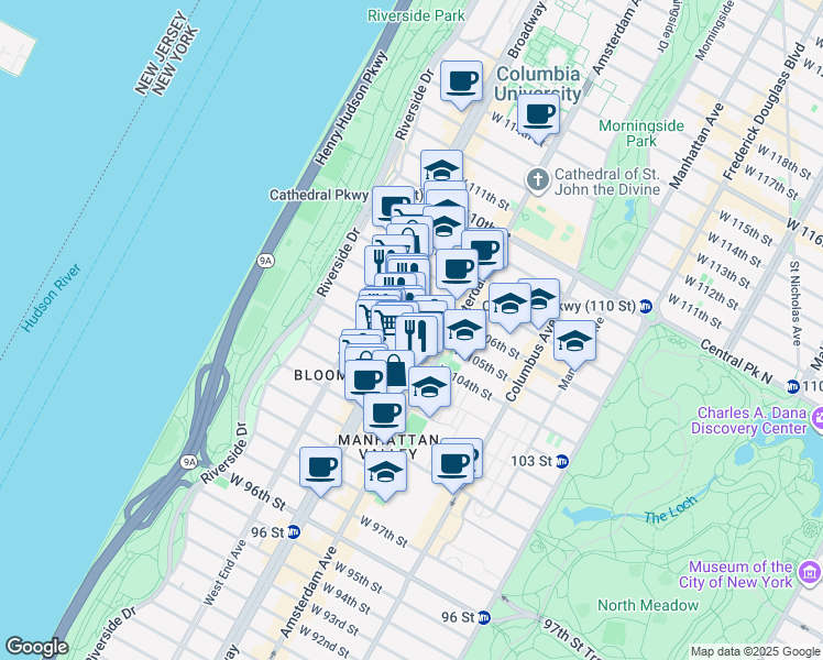 map of restaurants, bars, coffee shops, grocery stores, and more near 230 West 105th Street in New York