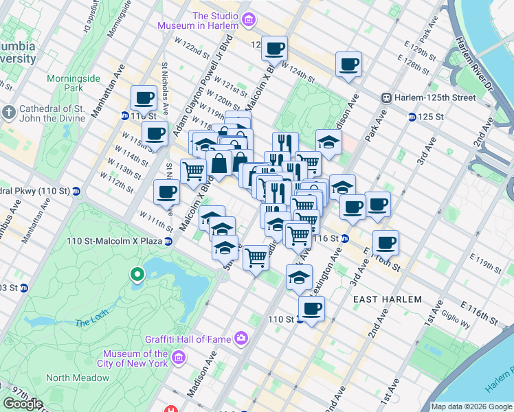 map of restaurants, bars, coffee shops, grocery stores, and more near in New York