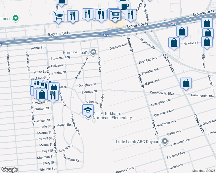 map of restaurants, bars, coffee shops, grocery stores, and more near 187 Commercial Boulevard in Brentwood