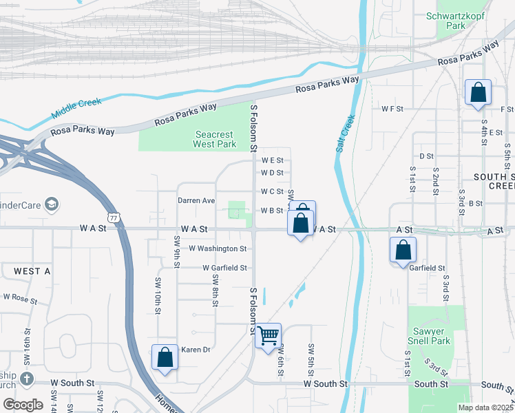 map of restaurants, bars, coffee shops, grocery stores, and more near 664 West B Street in Lincoln