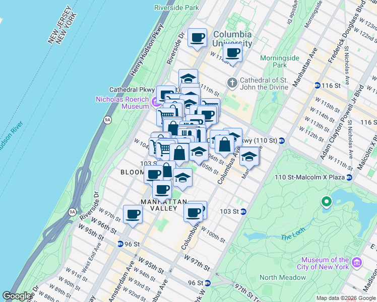 map of restaurants, bars, coffee shops, grocery stores, and more near 926 Amsterdam Avenue in New York