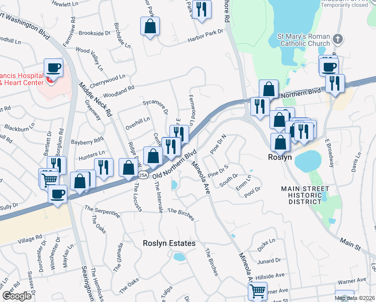 map of restaurants, bars, coffee shops, grocery stores, and more near 1010 Old Northern Boulevard in Roslyn
