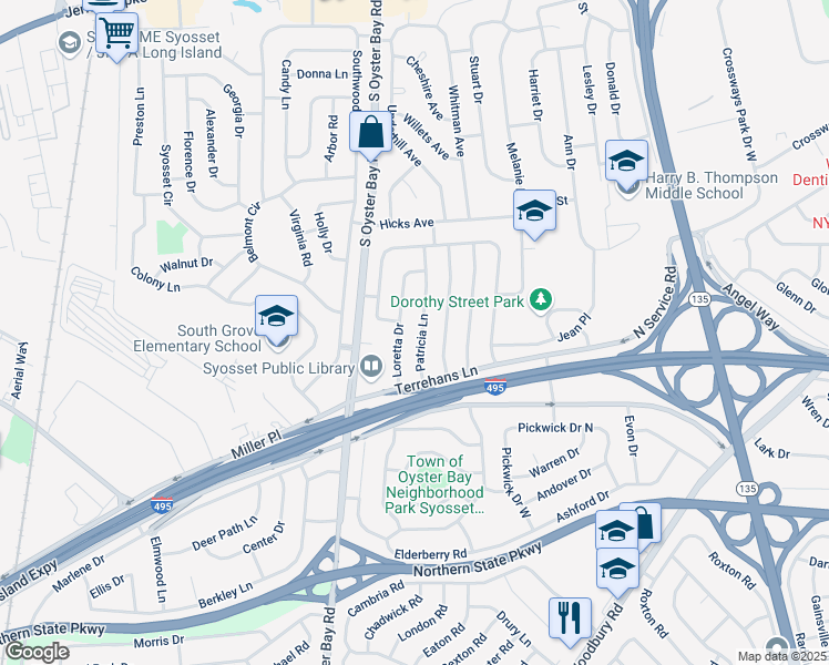 map of restaurants, bars, coffee shops, grocery stores, and more near 31 Patricia Lane in Syosset