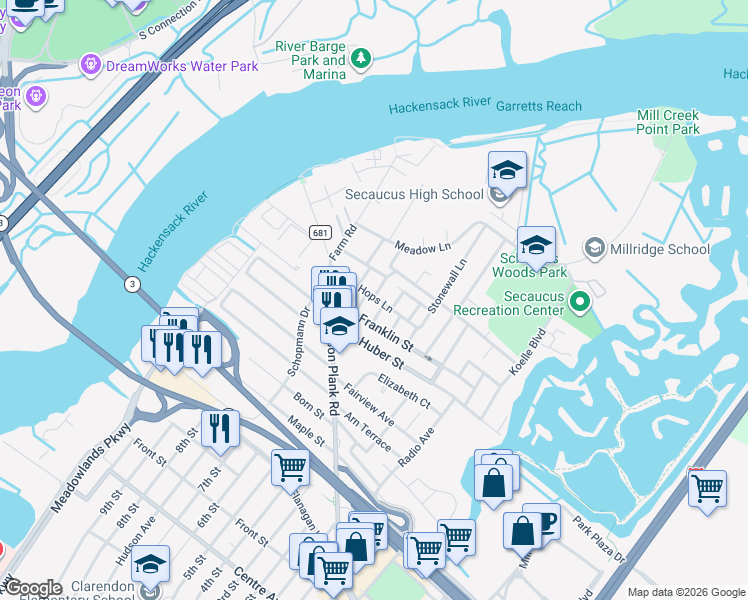 map of restaurants, bars, coffee shops, grocery stores, and more near 7 Myrtle Avenue in Secaucus