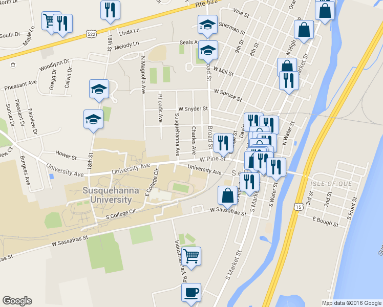 map of restaurants, bars, coffee shops, grocery stores, and more near 12 Charles Ave in Selinsgrove