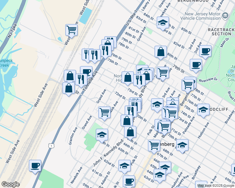 map of restaurants, bars, coffee shops, grocery stores, and more near 1409 72nd Street in North Bergen