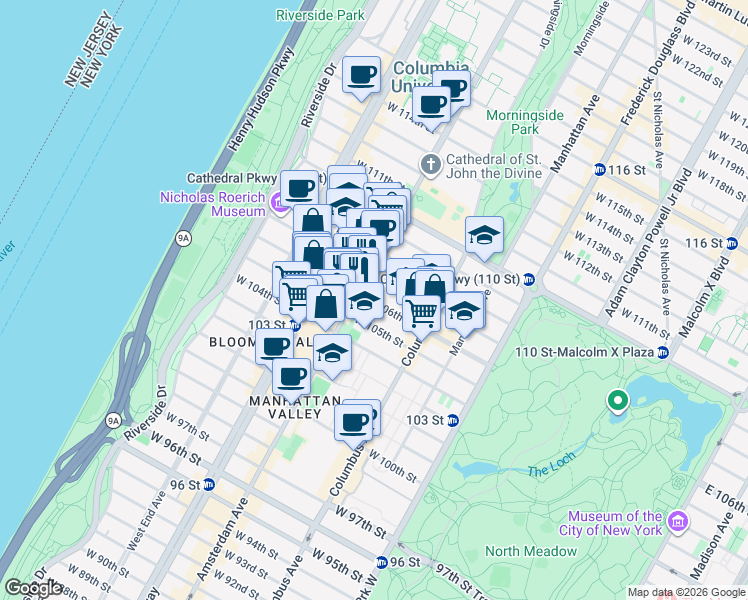 map of restaurants, bars, coffee shops, grocery stores, and more near West 106th Street in New York