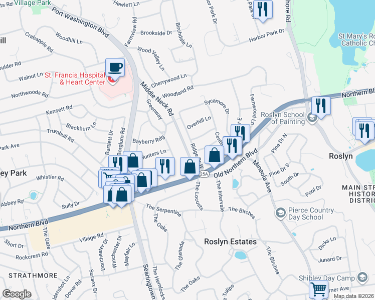 map of restaurants, bars, coffee shops, grocery stores, and more near 11 Ridge Drive West in Roslyn
