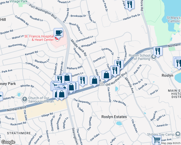 map of restaurants, bars, coffee shops, grocery stores, and more near 37 Knollwood Road in Roslyn