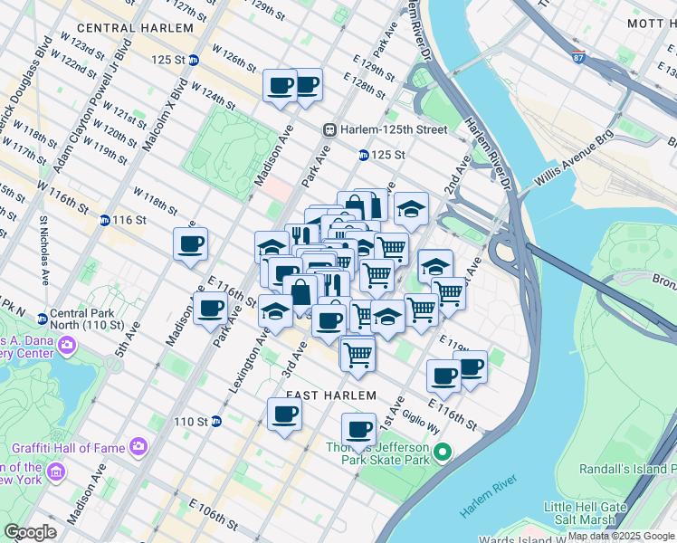 map of restaurants, bars, coffee shops, grocery stores, and more near 2193 3rd Avenue in New York
