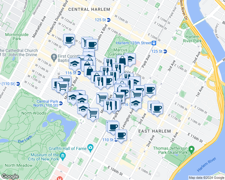 map of restaurants, bars, coffee shops, grocery stores, and more near 20 East 116th Street in New York