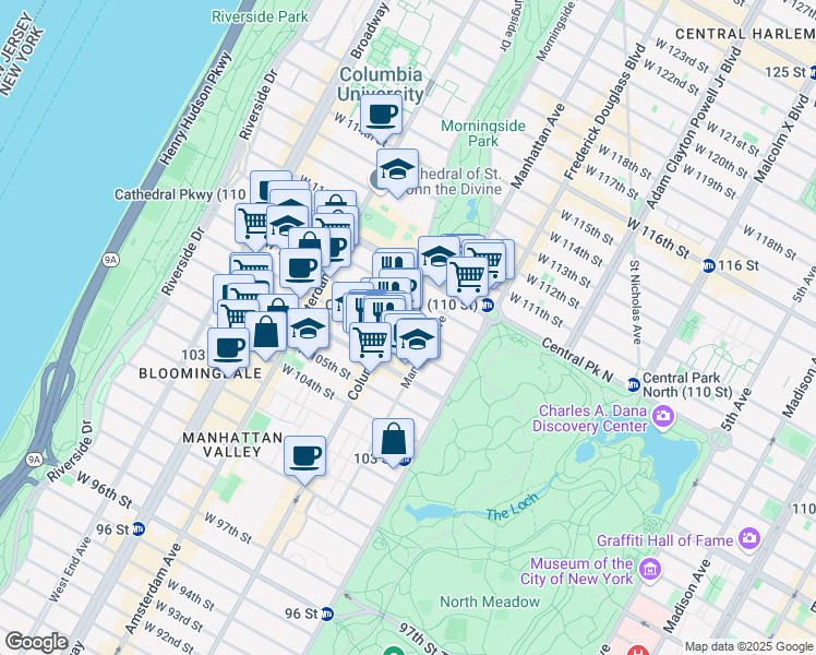map of restaurants, bars, coffee shops, grocery stores, and more near 72 West 108th Street in New York