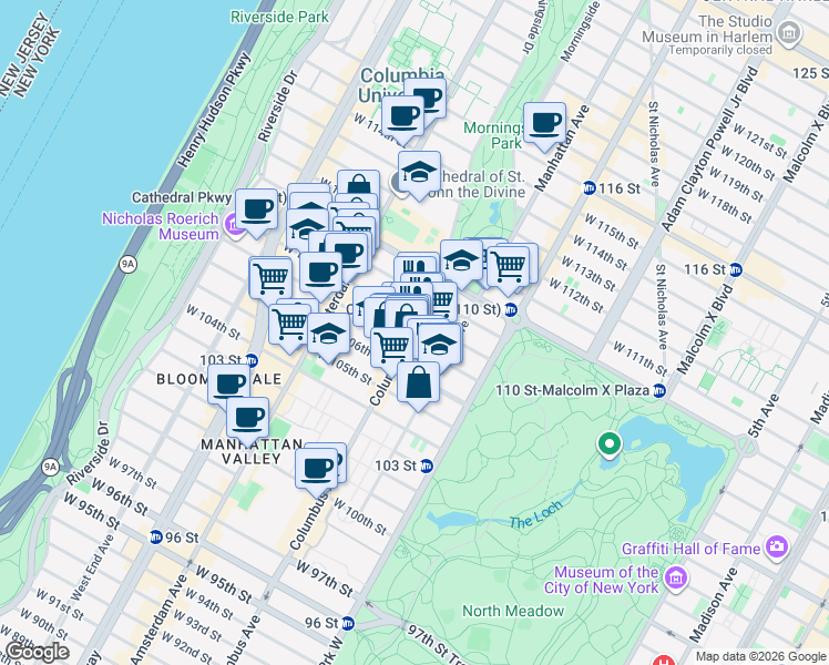 map of restaurants, bars, coffee shops, grocery stores, and more near 965 Columbus Avenue in New York