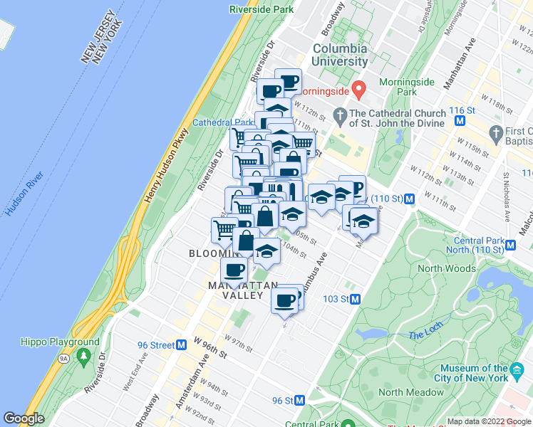 map of restaurants, bars, coffee shops, grocery stores, and more near 920 Amsterdam Avenue in New York