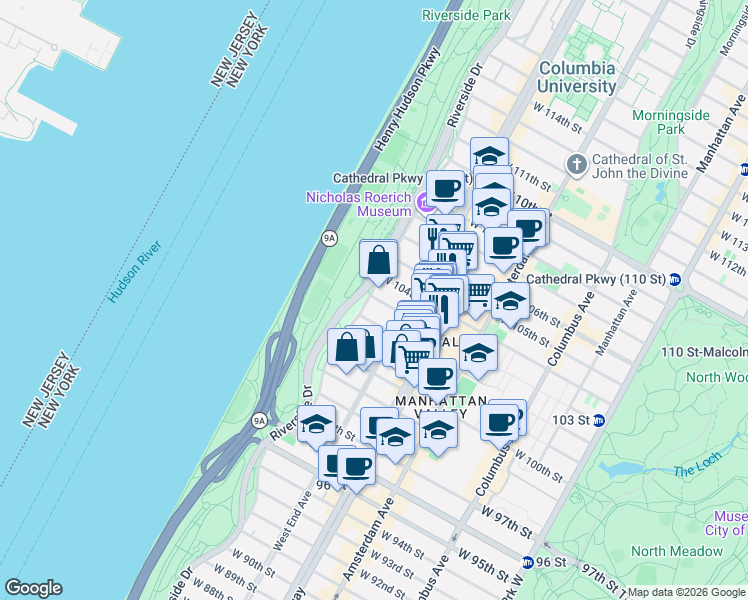 map of restaurants, bars, coffee shops, grocery stores, and more near 314 Riverside Drive in New York