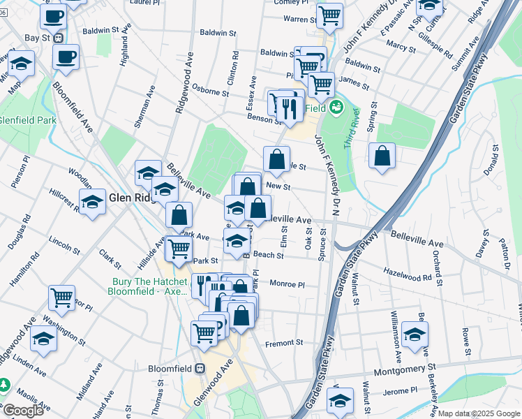 map of restaurants, bars, coffee shops, grocery stores, and more near 337 Belleville Avenue in Bloomfield