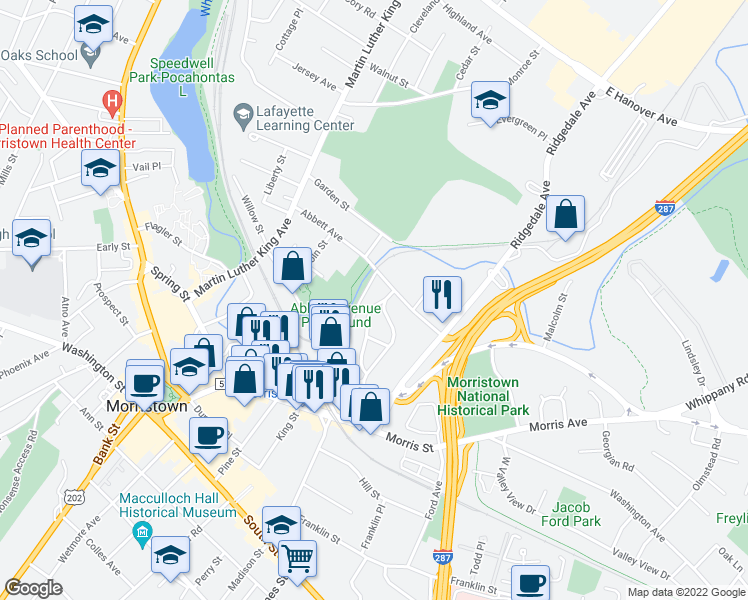 map of restaurants, bars, coffee shops, grocery stores, and more near 54 Jardine Road in Morristown