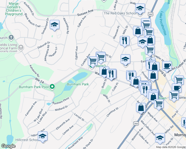 map of restaurants, bars, coffee shops, grocery stores, and more near 150 Washington Street in Morristown
