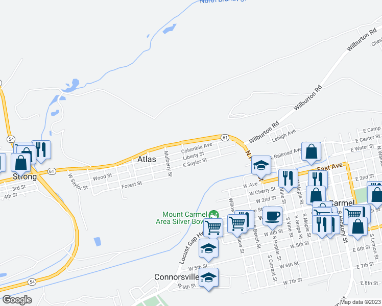 map of restaurants, bars, coffee shops, grocery stores, and more near 243 East Saylor Street in Mount Carmel