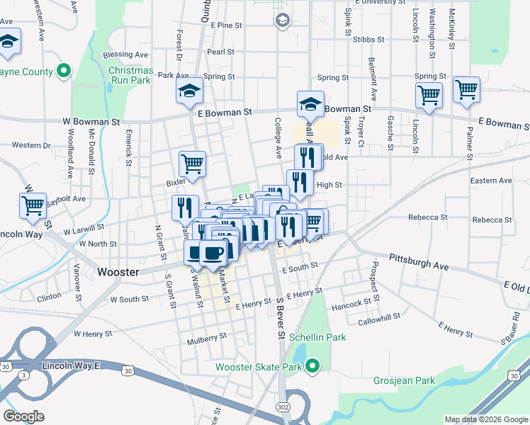 map of restaurants, bars, coffee shops, grocery stores, and more near 210 North Bever Street in Wooster