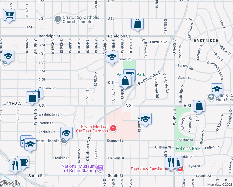 map of restaurants, bars, coffee shops, grocery stores, and more near 1311 South 49th Street in Lincoln