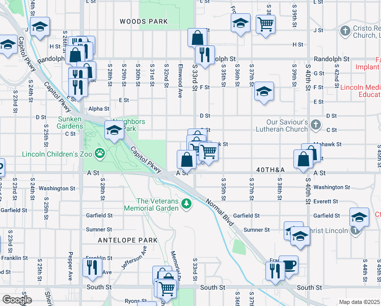 map of restaurants, bars, coffee shops, grocery stores, and more near 1345 South 33rd Street in Lincoln