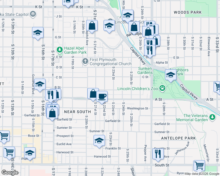 map of restaurants, bars, coffee shops, grocery stores, and more near 2230 B Street in Lincoln