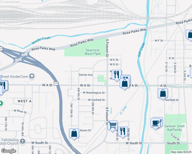 map of restaurants, bars, coffee shops, grocery stores, and more near 742 West B Street in Lincoln