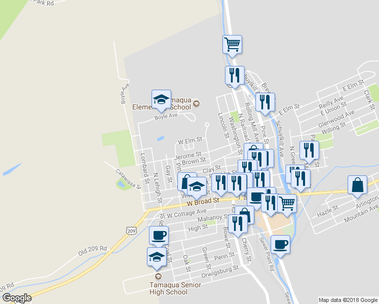 map of restaurants, bars, coffee shops, grocery stores, and more near 218 Yetten Circle in Tamaqua
