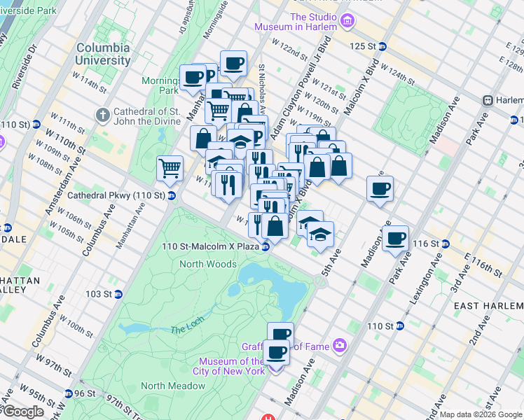 map of restaurants, bars, coffee shops, grocery stores, and more near 135 West 112th Street in New York