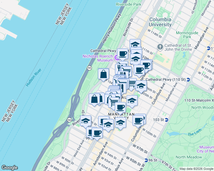 map of restaurants, bars, coffee shops, grocery stores, and more near 314 Riverside Drive in New York