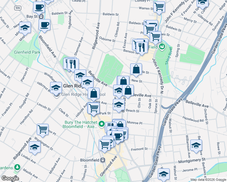 map of restaurants, bars, coffee shops, grocery stores, and more near 114 State Street in Bloomfield