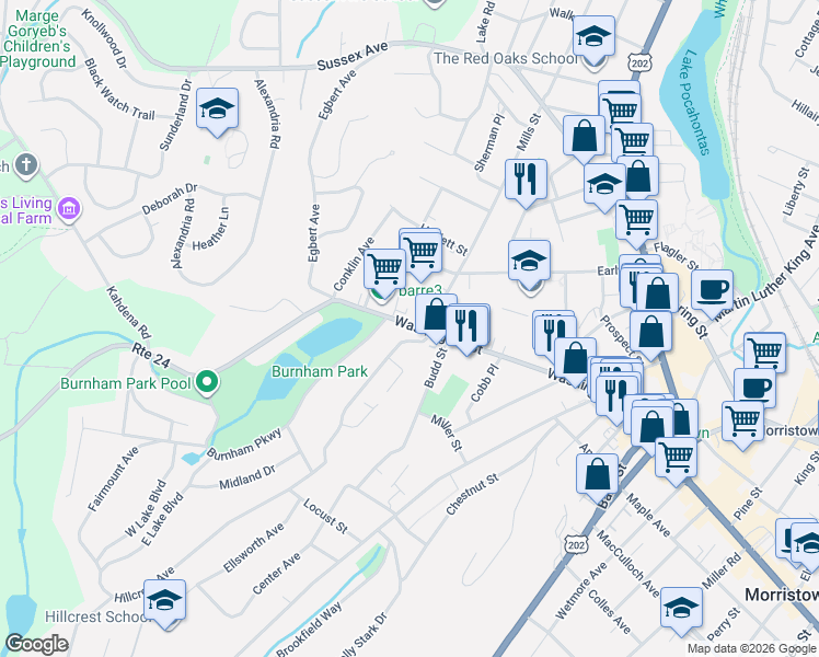 map of restaurants, bars, coffee shops, grocery stores, and more near 150 Washington Street in Morristown