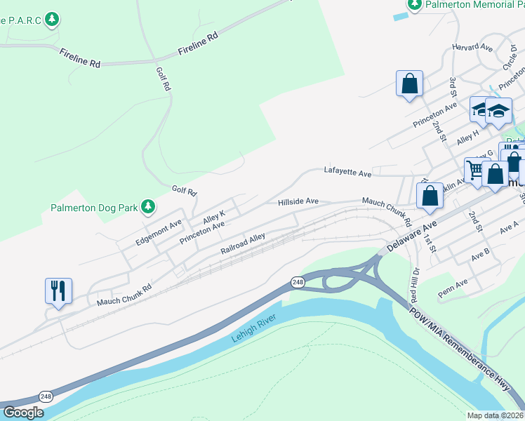 map of restaurants, bars, coffee shops, grocery stores, and more near 670 Princeton Avenue in Palmerton