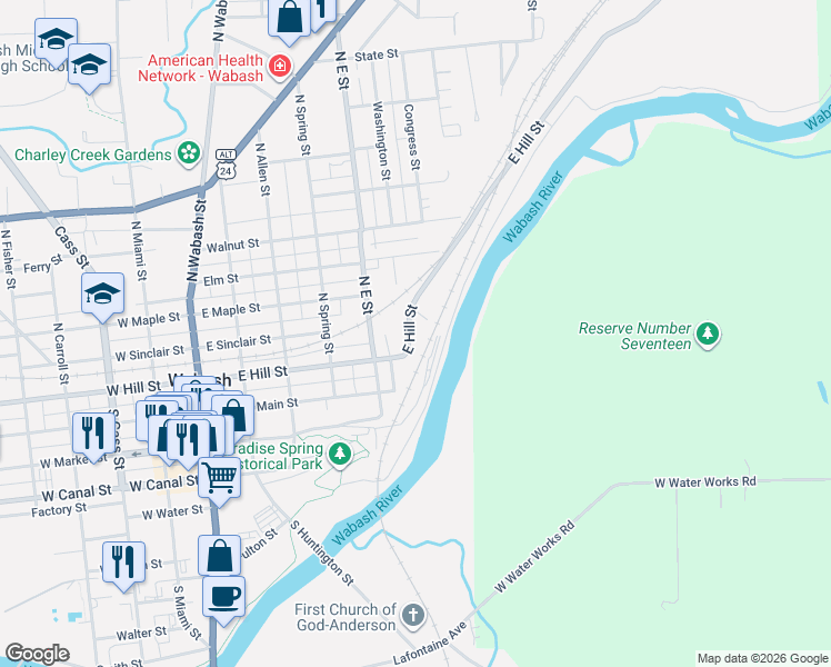 map of restaurants, bars, coffee shops, grocery stores, and more near 465 East Hill Street in Wabash
