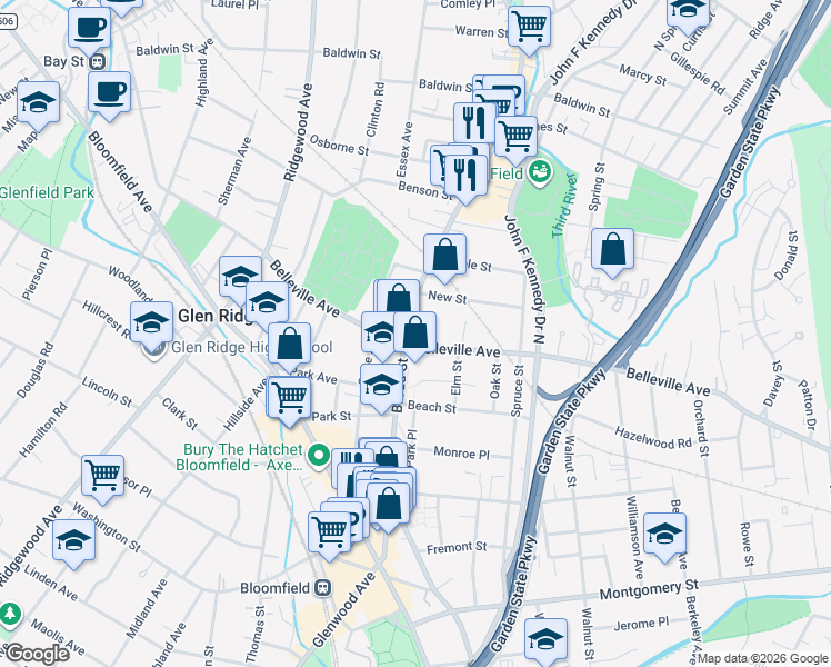 map of restaurants, bars, coffee shops, grocery stores, and more near 337 Belleville Avenue in Bloomfield