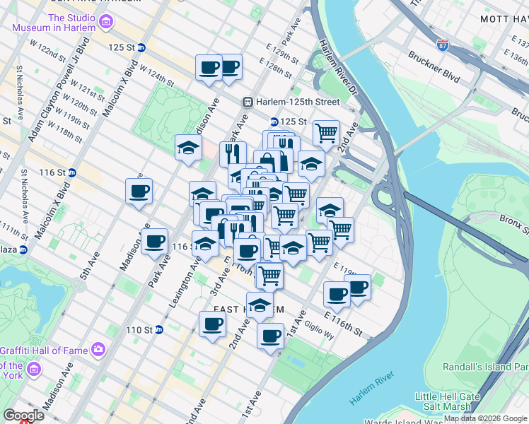 map of restaurants, bars, coffee shops, grocery stores, and more near 2193 3rd Avenue in New York