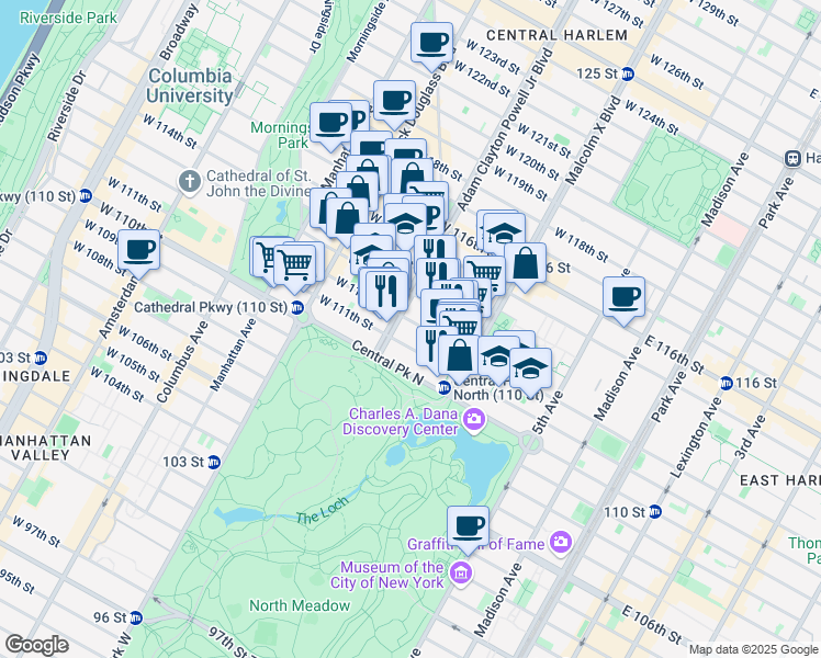 map of restaurants, bars, coffee shops, grocery stores, and more near 157 West 111th Street in New York