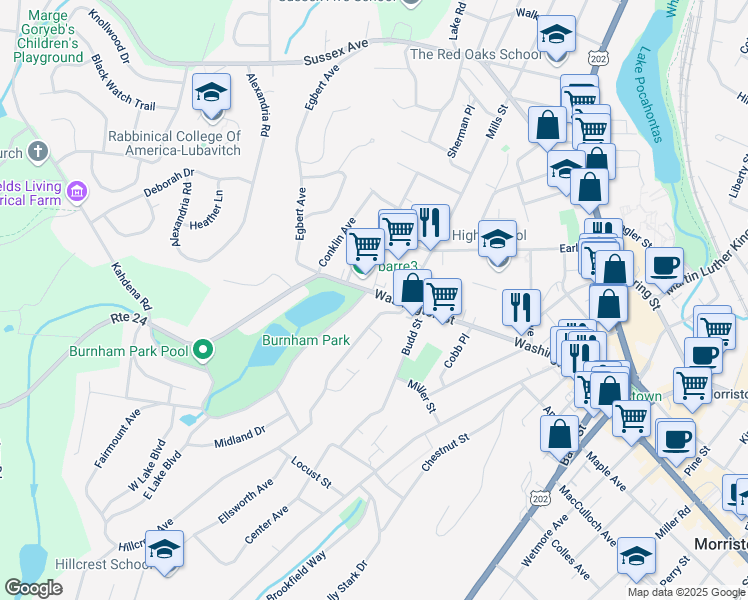 map of restaurants, bars, coffee shops, grocery stores, and more near 158 Washington Street in Morristown