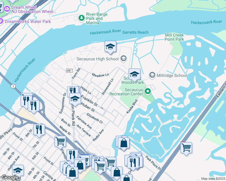 map of restaurants, bars, coffee shops, grocery stores, and more near 46 Luhman Terrace in Secaucus