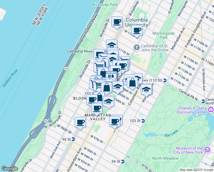 map of restaurants, bars, coffee shops, grocery stores, and more near 920 Amsterdam Avenue in New York