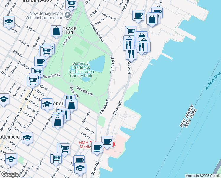 map of restaurants, bars, coffee shops, grocery stores, and more near 8300 Boulevard East in North Bergen