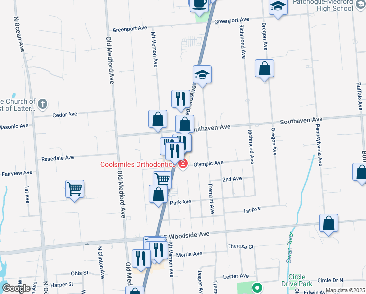 map of restaurants, bars, coffee shops, grocery stores, and more near 1715 New York 112 in Medford