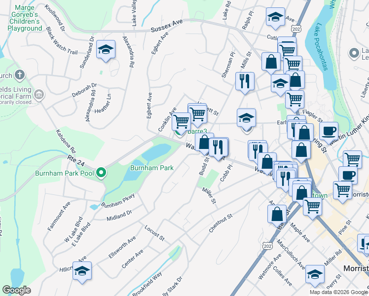map of restaurants, bars, coffee shops, grocery stores, and more near 158 Washington Street in Morristown