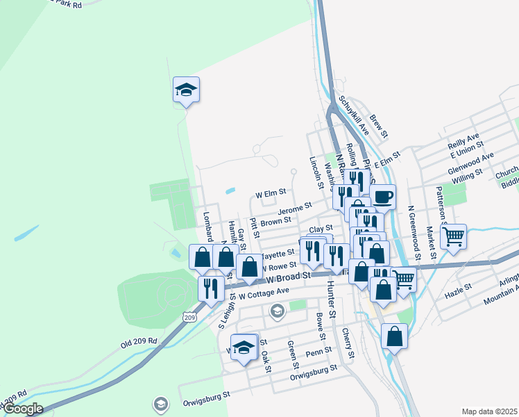 map of restaurants, bars, coffee shops, grocery stores, and more near 405 Pitt Street in Tamaqua