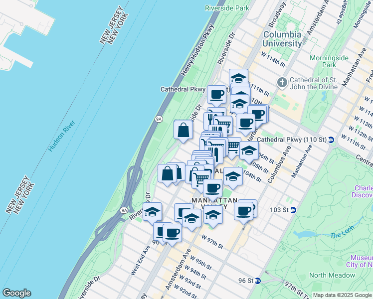 map of restaurants, bars, coffee shops, grocery stores, and more near 319 West 103rd Street in New York
