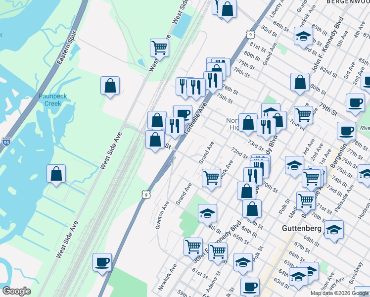 map of restaurants, bars, coffee shops, grocery stores, and more near 1706 69th Street in North Bergen