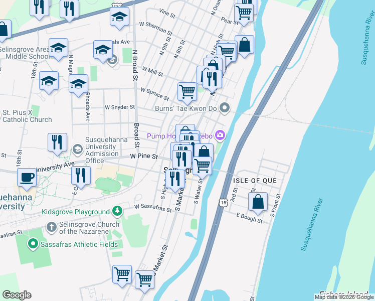 map of restaurants, bars, coffee shops, grocery stores, and more near 21 North Market Street in Selinsgrove