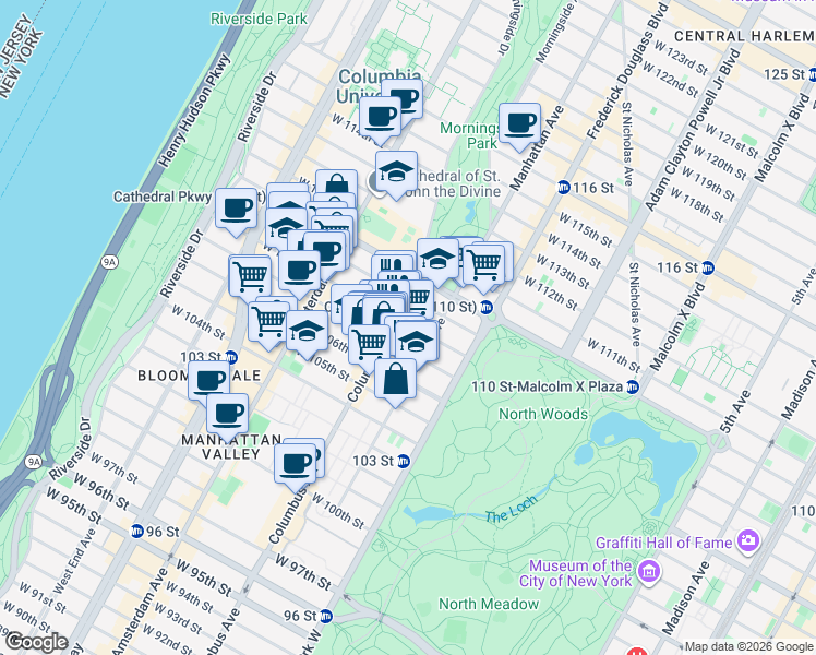 map of restaurants, bars, coffee shops, grocery stores, and more near 965 Columbus Avenue in New York