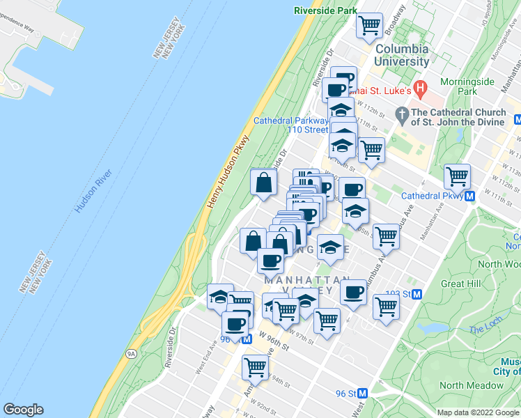 map of restaurants, bars, coffee shops, grocery stores, and more near 314 Riverside Drive in New York